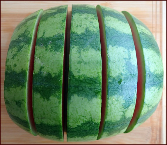 Cutting watermelon for dehydrating.