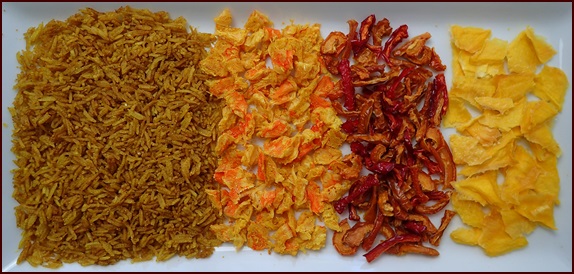 Dehydrated basmati rice, shrimp, bell pepper, and mango.