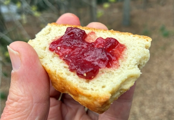 Dehydrated buttermilk biscuit with jam.