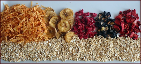 dehydrated shredded apples, bananas, raspberries, blueberries, and strawberries.