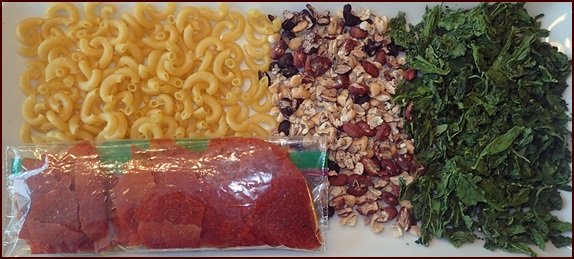 Dehydrated macaroni with beans, spinach, and marinara sauce.