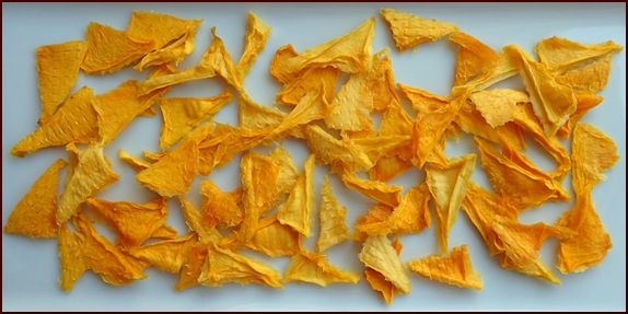 Photo shows dehydrated mango pieces.
