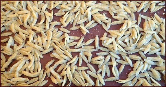 Dehydrated orzo cooked like pasta.