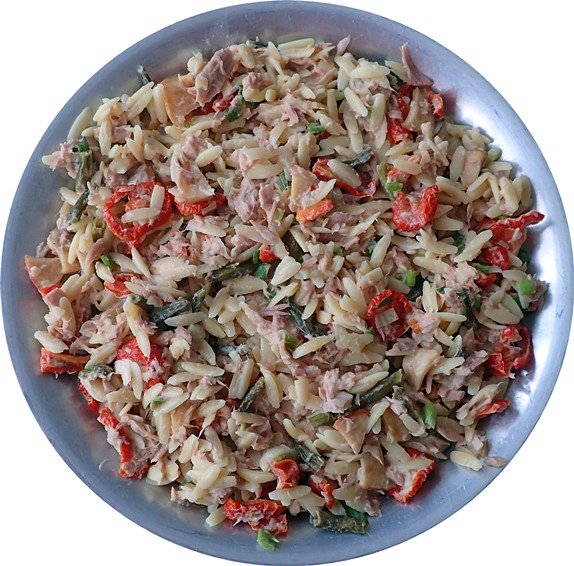 Dehydrated orzo pasta salad rehydrated with cold water.
