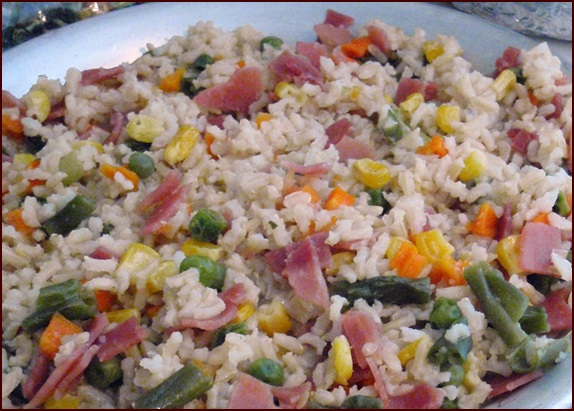 Dehydrated rice, meat, and vegetables after rehydration.