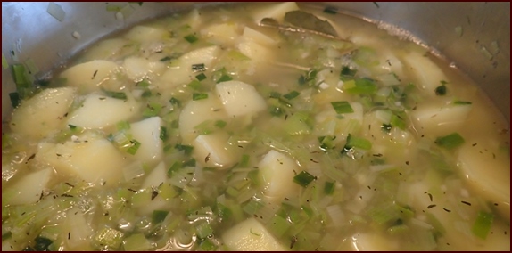 Potato-Leek Soup cooking. Blend before dehydrating.