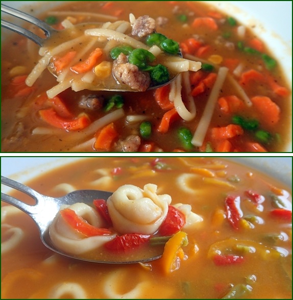 Chicken Noodle Soup made with vegetable soup powder. Tortellini Soup made with a combination of vegetable soup powder and tomato-carrot soup powder.