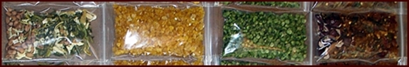 Dehydrated vegetables in single serving bags.