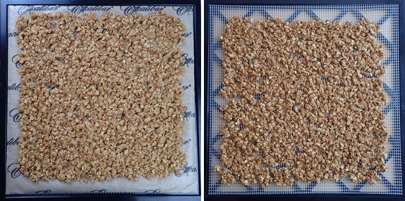 Apple granola clusters drying on dehydrator tray with and without nonstick sheet.