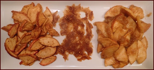 dried apples and apple leather on left, rehydrated on right.