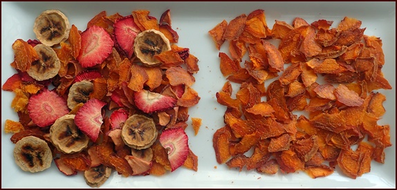 Dried apricots on right, fruit cocktail mix on left.