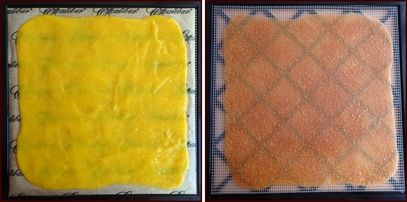 Photo shows banana-mango fruit leather, before and after dehydrating. Notice the color change caused by the bananas oxidizing and turning brown.