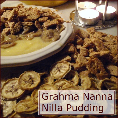 Grahma Nanna Nilla Pudding made with vanilla pudding, nuts, and dehydrated bananas.