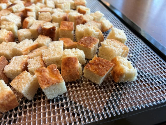 Dehydrating buttermilk biscuits cubes.