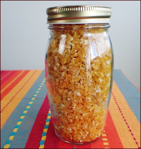 Dehydrated corn stored in jar with oyygen absorber.