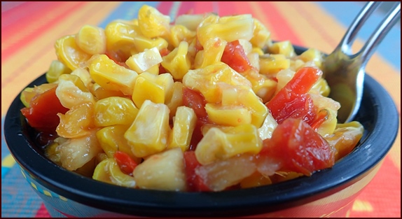 Peach Salsa Corn Salad. A cold-soak salad made with dehydrated corn.