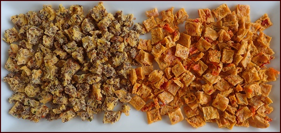 Dehydrated Eggs: Sausage-seasoned ground beef omelet bits and tomato and baked bean omelet bites.