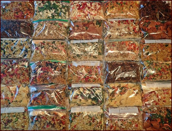 Dehydrated food assembled into meals for backpacking and emergency storage.