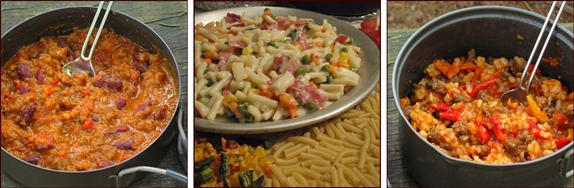 Dehydrated meals: chili, ham and cheese macaroni, and unstuffed peppers.