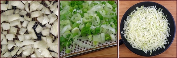 Dehydrating diced onions, green onions, and caramelized onions.