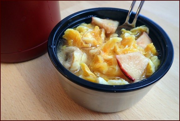 Rehydrated fruit cocktail with dehydrated oranges, apples, and bananas.