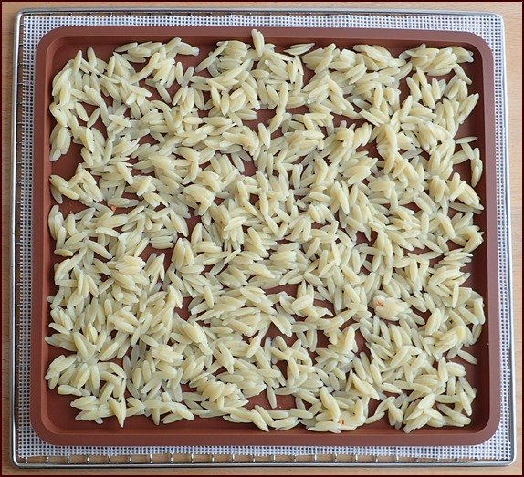 One cup of cooked orzo on a silicone dehydrator tray.