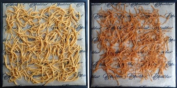 Dehydrating linguine coated with Thai peanut noodle sauce.