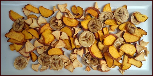 Dried peaches make a colorful addition to fruit cocktail. Shown with dried bananas and apples.