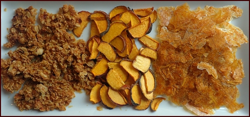 Dehydrating Peaches: (l to r) Peach Granola Clusters, Dried Sliced Peaches, Dehydrated Peach Leather.