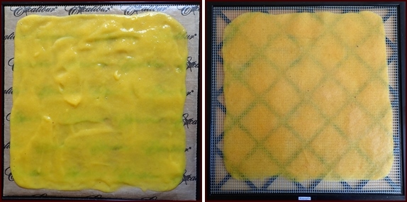 Photo shows pineapple-mango fruit leather, before and after dehydrating.