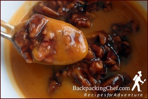 Dehydrated Sweet Potato Pudding, rehydrated and topped with glazed pecan sauce.