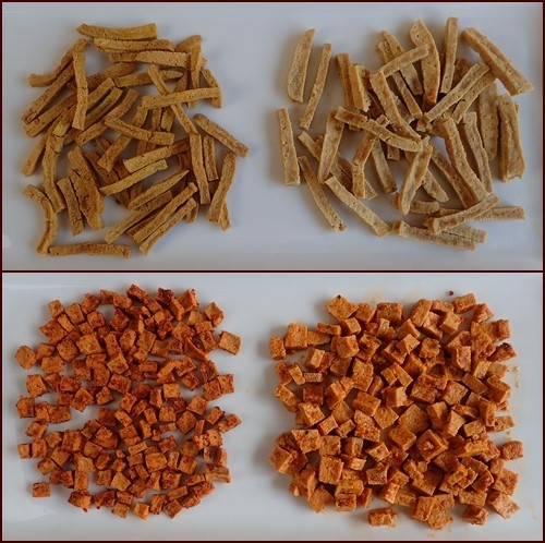 Dehydrated Tofu Noodles & Squares. Shown before drying on left, after drying on right.