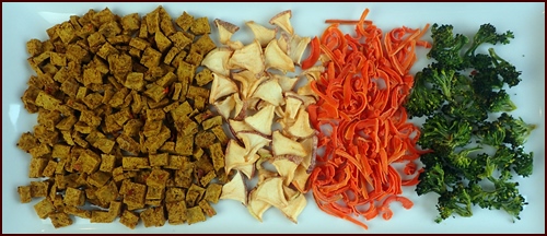 Dried Curry Tofu, Apples, Carrots, and Broccoli.