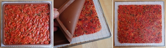 Dehydrating tomato sauce leather on silicone trays.
