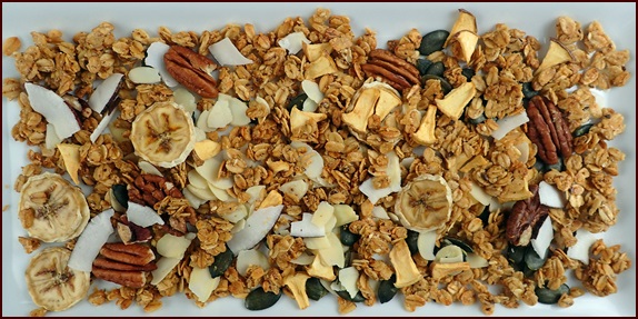 Homemade granola with nuts, seeds, and dried fruits.