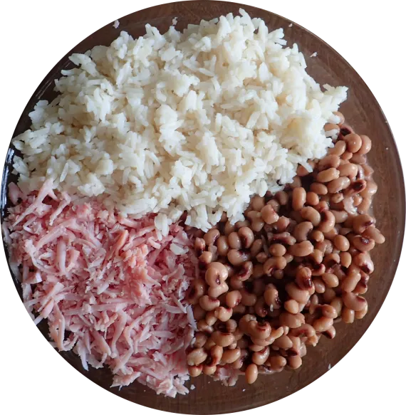 Cooked rice, canned black-eyed peas, and shredded ham. Cooked rice, canned black-eyed peas, and shredded ham.
