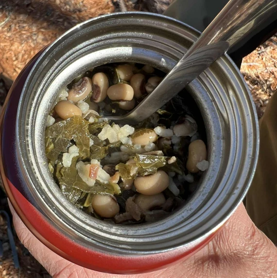 Hoppin' John rehydrated in Thermos food jar. 