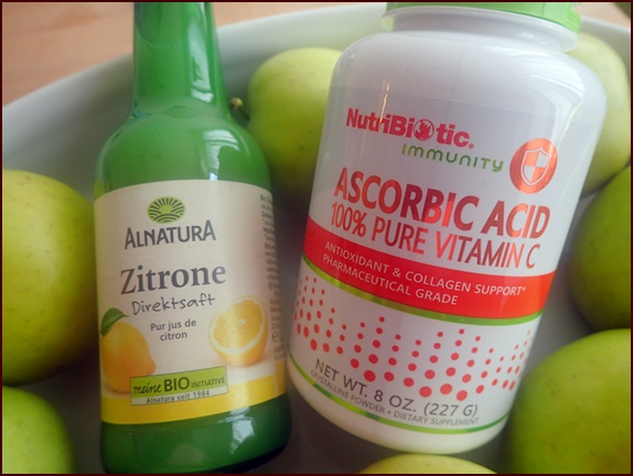 Lemon juice and ascorbic acid for pretreating apples before dehydrating.