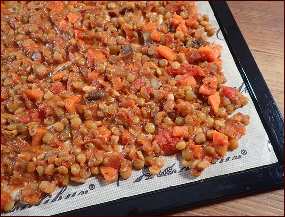Lentil bolognese spread thinly on Excalibur dehydrator tray. Lentil bolognese spread thinly on Excalibur dehydrator tray.