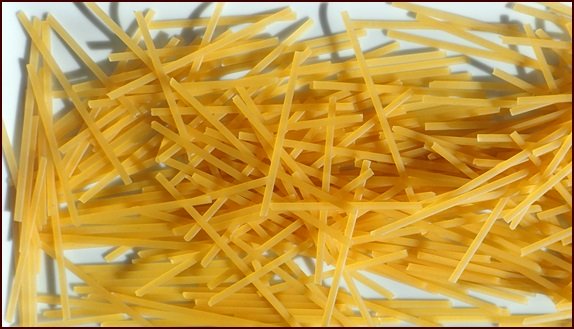 Linguine snapped into quarters before cooking and dehydrating.