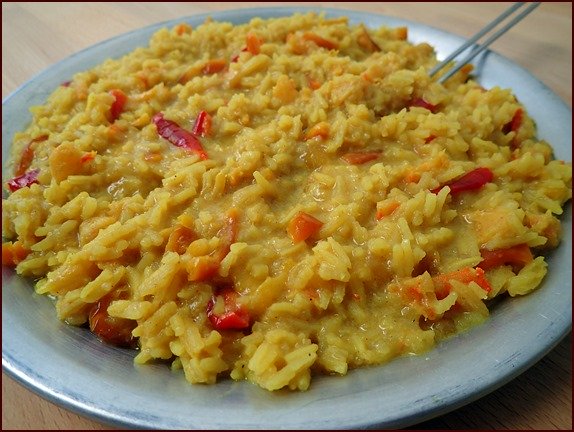 Rehydrated Coconut Shrimp Curry with Mango. The coconut milk powder creates a creamy sauce.