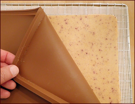 Flipping nectarine fruit leather and peeling off silicone tray.
