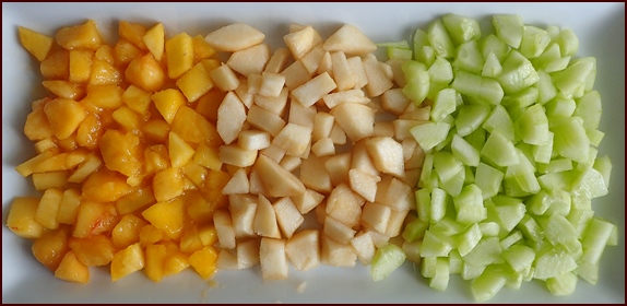 Nectarines, pears, and cucumbers.