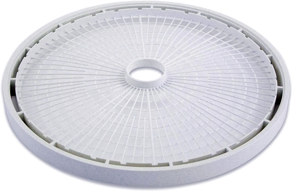 Nesco Gardenmaster dehydrator tray has plastic spoked framework. Size: 15½" round = 175 square inches.