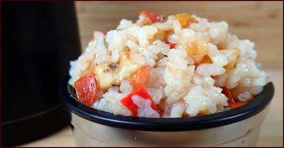 Previously dehydrated Peach Salsa Rice Salad rehydrated with cold water in Thermos food jar.