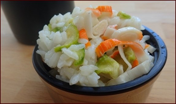 Sushi Rice Bowl Salad rehydrated with cold water in thermos food jar.