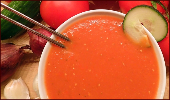 Gazpacho, a cold and spicy tomato soup, makes a nice side to other backpacking lunch items.