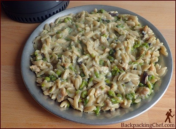 Orzo with Chicken, Peas & Mushrooms in Cheese Sauce.