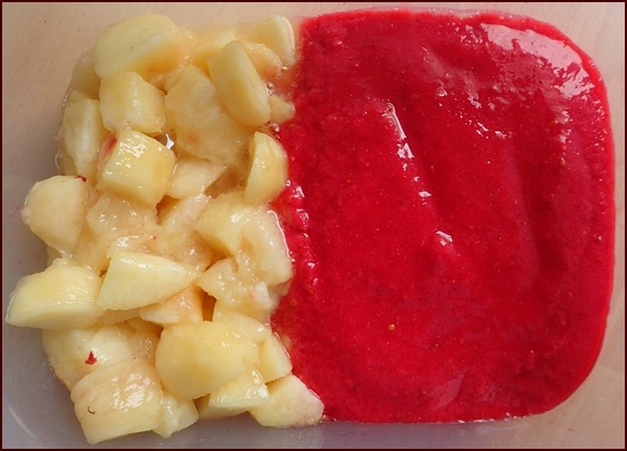 Peaches and blended red currents.