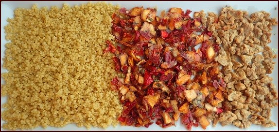 Dehydrated pearl couscous, peach salsa, and chicken.